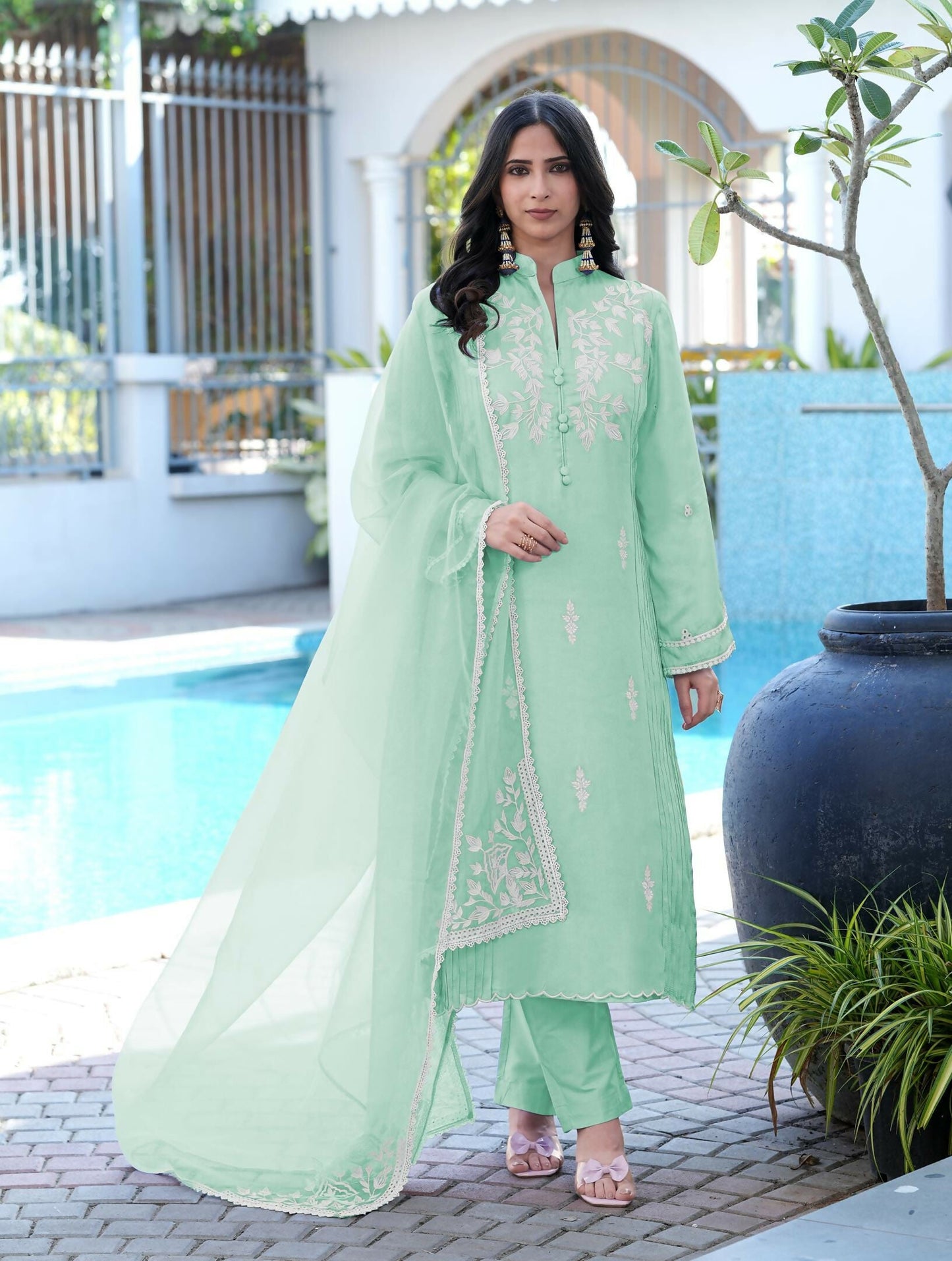 Nikhaar Light Green Embroidered Modal Silk Stitched Straight Cut Kurta Pants Dupatta Readymade Suit