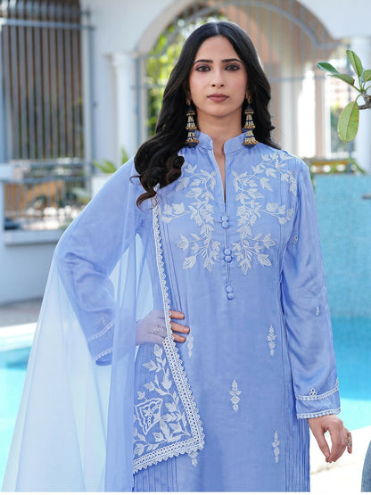 Nikhaar Light Purple Embroidered Modal Silk Stitched Straight Cut Kurta Pants Dupatta Readymade Suit
