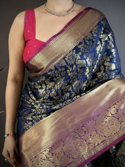 Prime Volt Pure Handloom Kanjivaram Katan Silk Saree with Antique Zari & Contrast Pallu-Deep Vibrant Blue