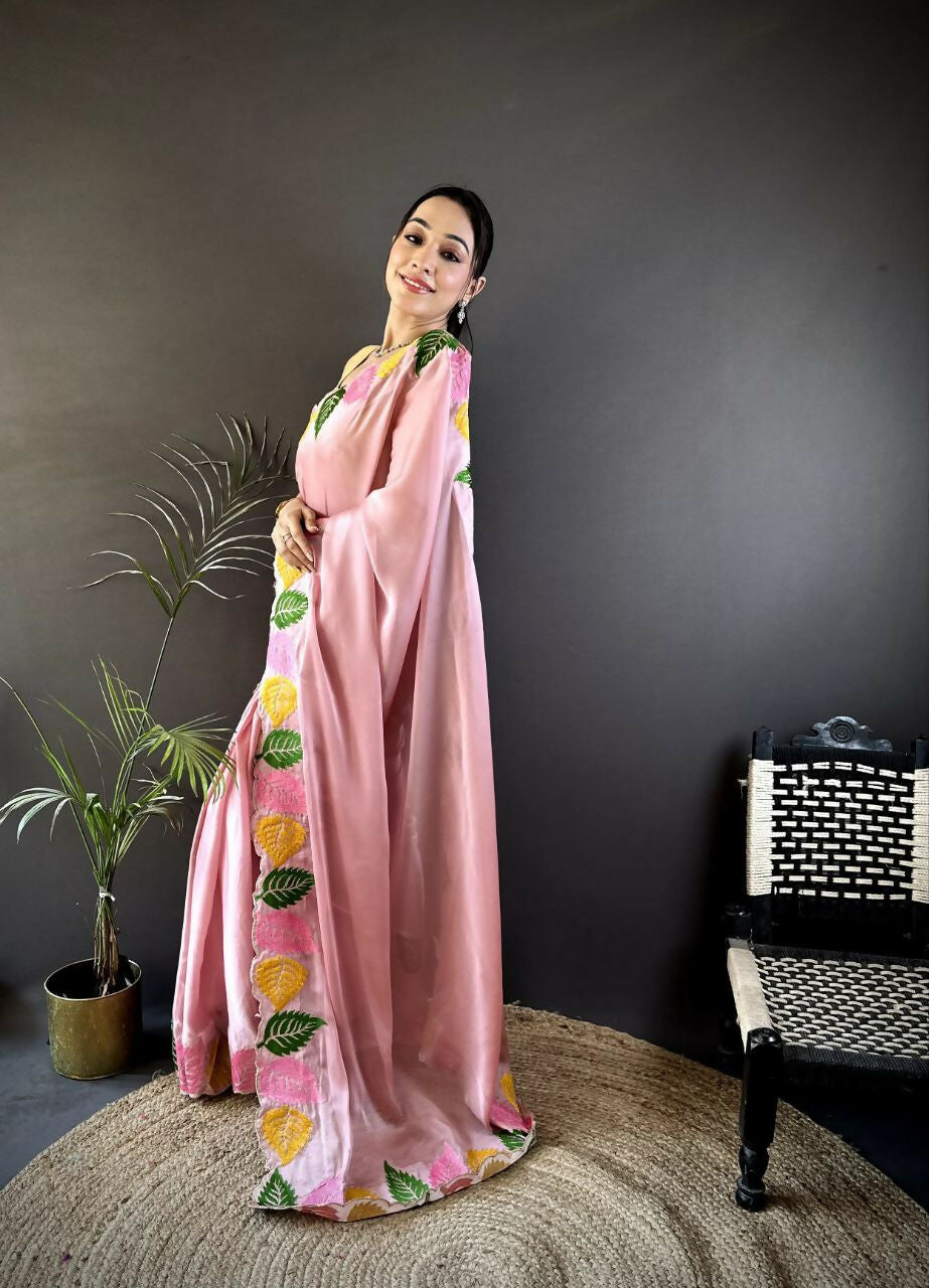 Prime Volt Multicolor Leaf Embroidery Rangoli Silk Saree with Scalloped Border-Pink