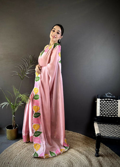 Prime Volt Multicolor Leaf Embroidery Rangoli Silk Saree with Scalloped Border-Pink