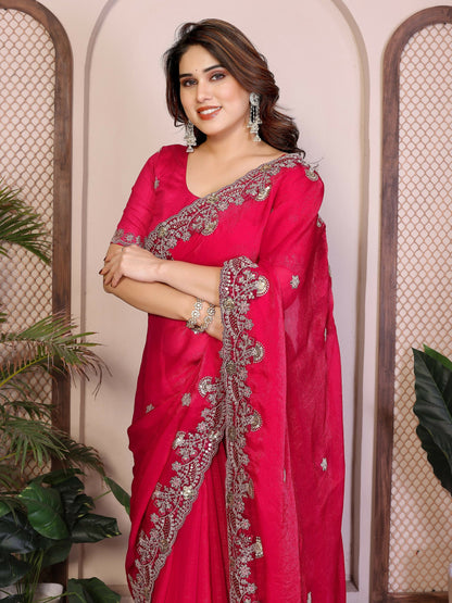 Teeya Creation New Womens Latest Party Wear Soft Chiffon Silk Saree-Pink