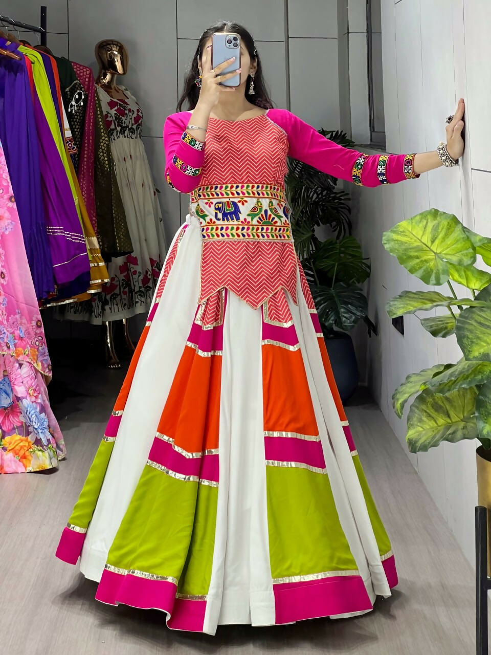 Yash Enterprise Multicolor Rayon Cotton Embroidery Semi Stitched Navratri Chaniya Choli