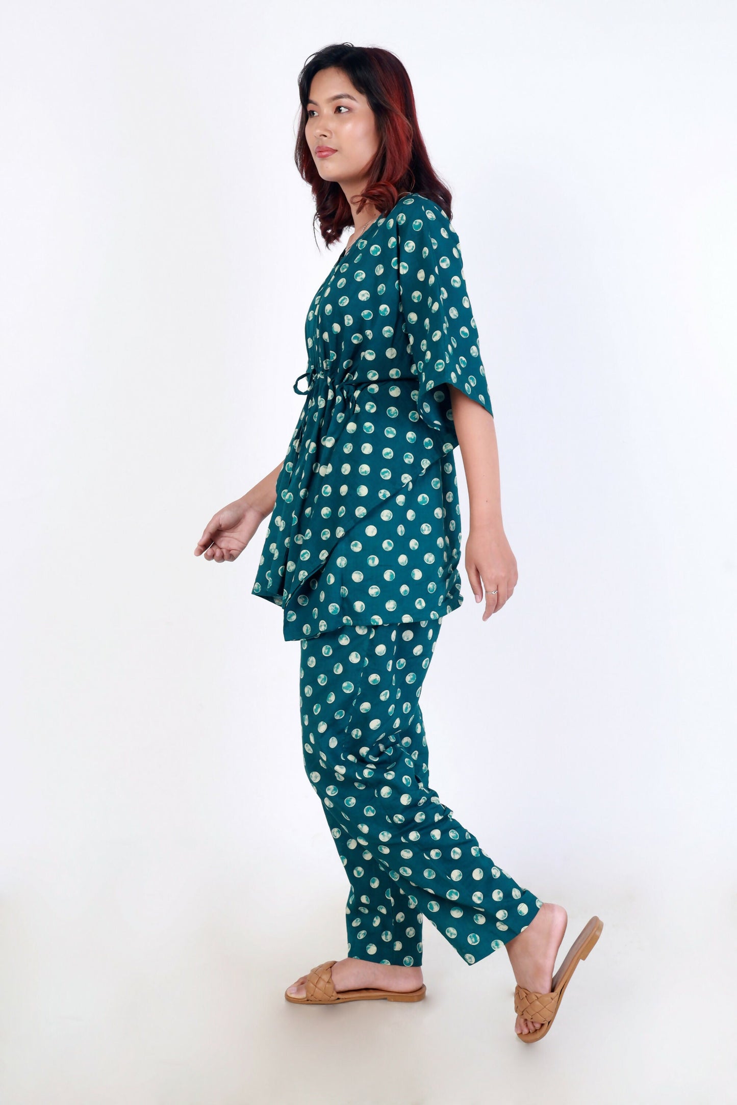 Breathables Green Polka Cotton Kaftan Co-Ord Set