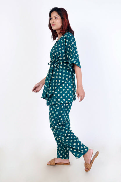 Breathables Green Polka Cotton Kaftan Co-Ord Set