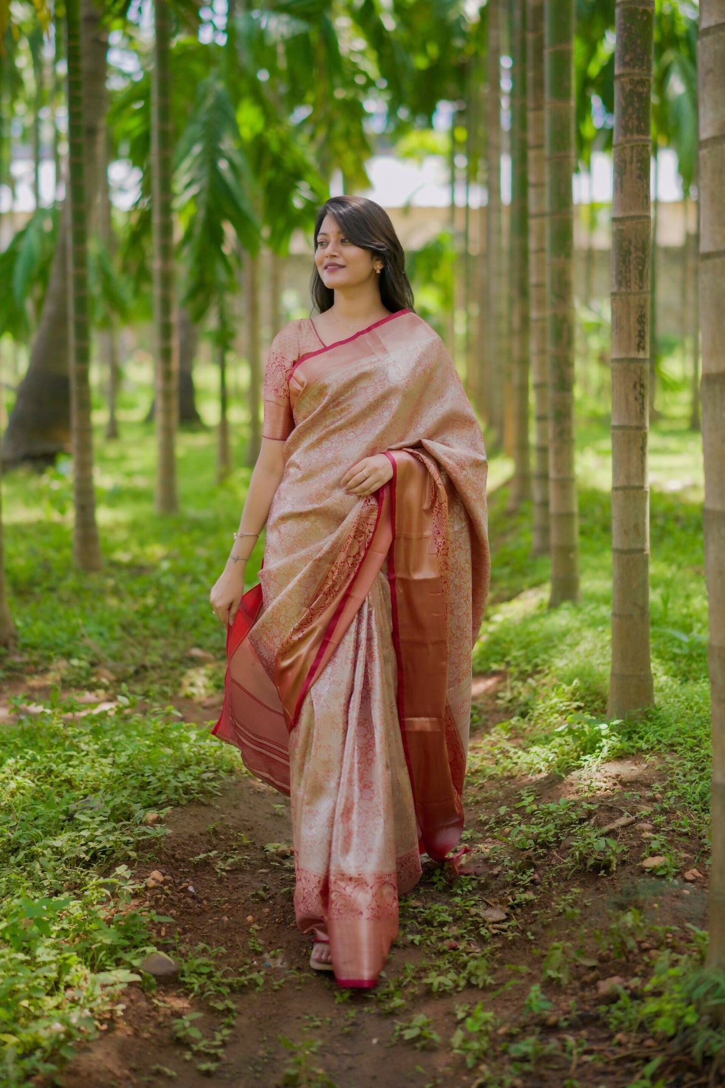 Prime Volt Bridal Kanchipuram Silk Saree with Rich Zari Weaving & Contrast Border-Orange