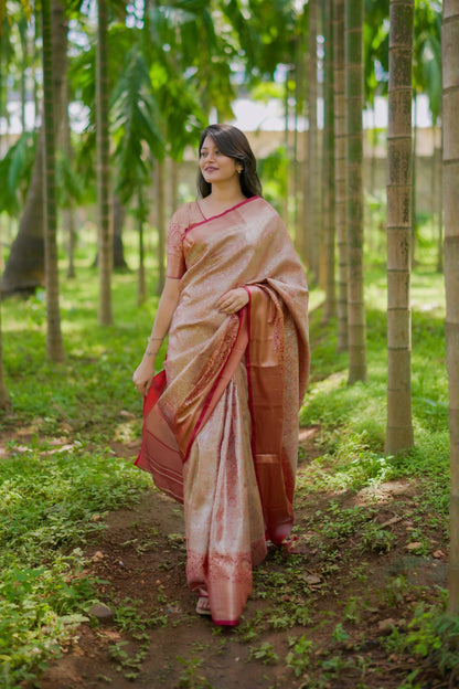 Prime Volt Bridal Kanchipuram Silk Saree with Rich Zari Weaving & Contrast Border-Orange