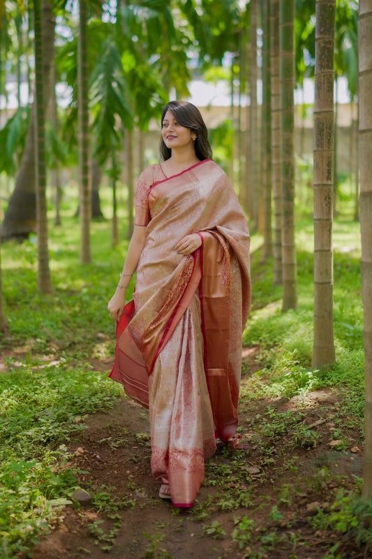 Prime Volt Bridal Kanchipuram Silk Saree with Rich Zari Weaving & Contrast Border-Orange