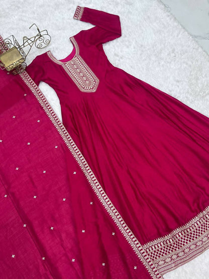 The52 Women's Gorgeous Embroidery Work Vichitra SIlk Fabric Flared Anarkali Dupatta Set-Dark Pink