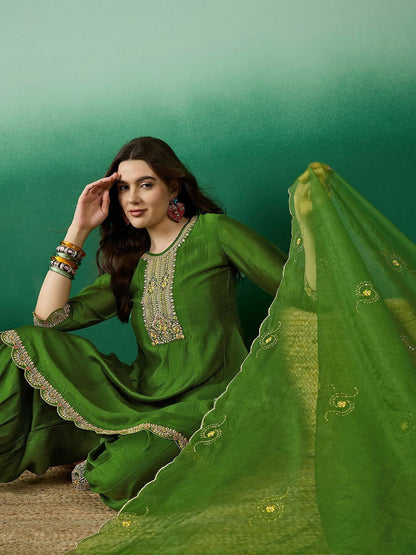 The52 Women's Beautiful Embroidery Work Vichitra Fabric A-line Kurta Pant and Dupatta Set-Green