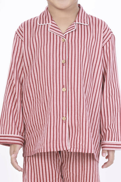 Breathables Kids Cotton Night Suit  Red & White Striped Shirt & Pyjama Co-Ord Set For Boys & Girls