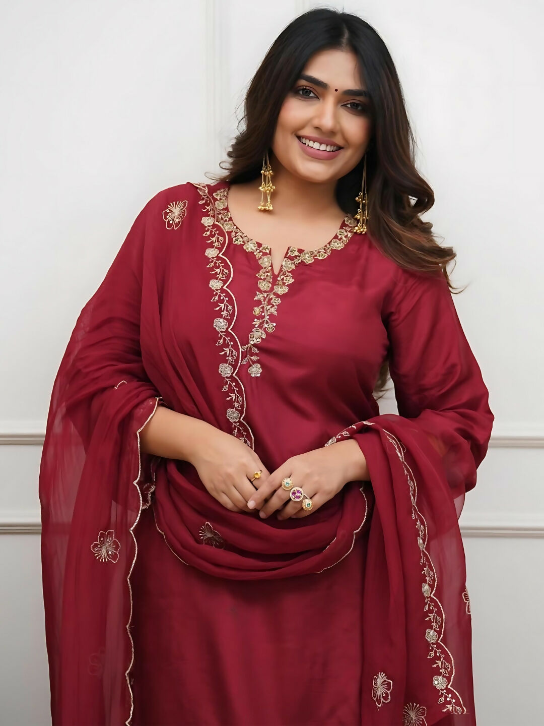 The52 Women's Beautiful Embroidery Work Roman Silk Fabric Straight Kurta Pant and Dupatta Set-Maroon