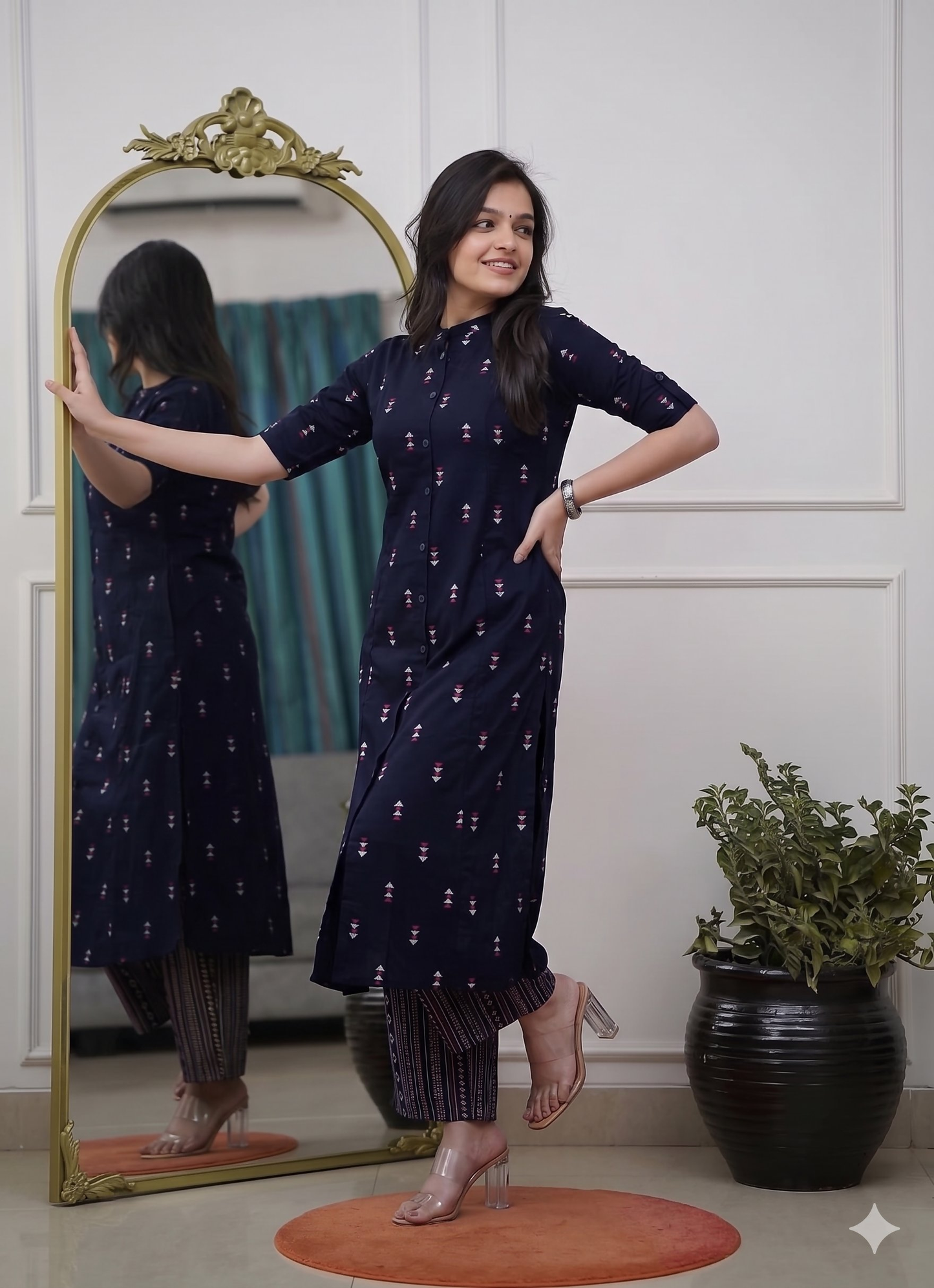 Teeya Creation Stylish Navy Blue Cotton Kurta With Geometric Print And Matching Palazzos