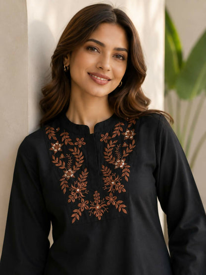 Teeya Creation Classic Black Embroidered Cotton Co-Ord Set For Women