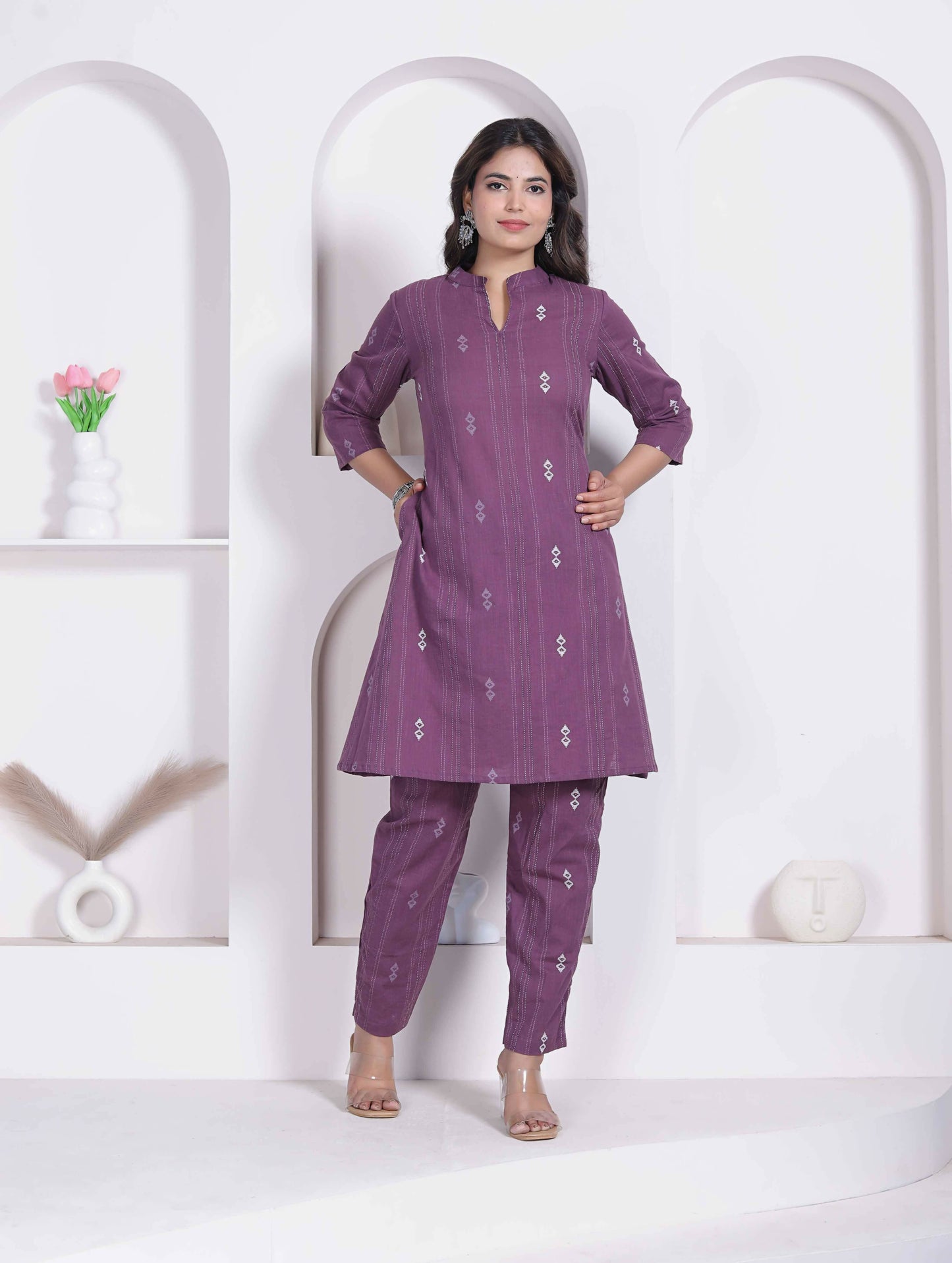 Miravan Womens Abstract Printed Wine Kurta Set