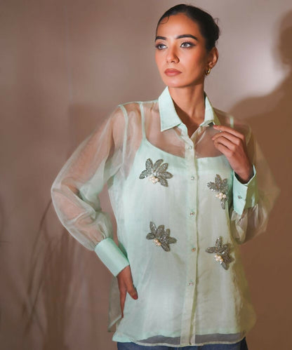 Timaraa Mint Whisper Hand-Embellished Organza Shirt