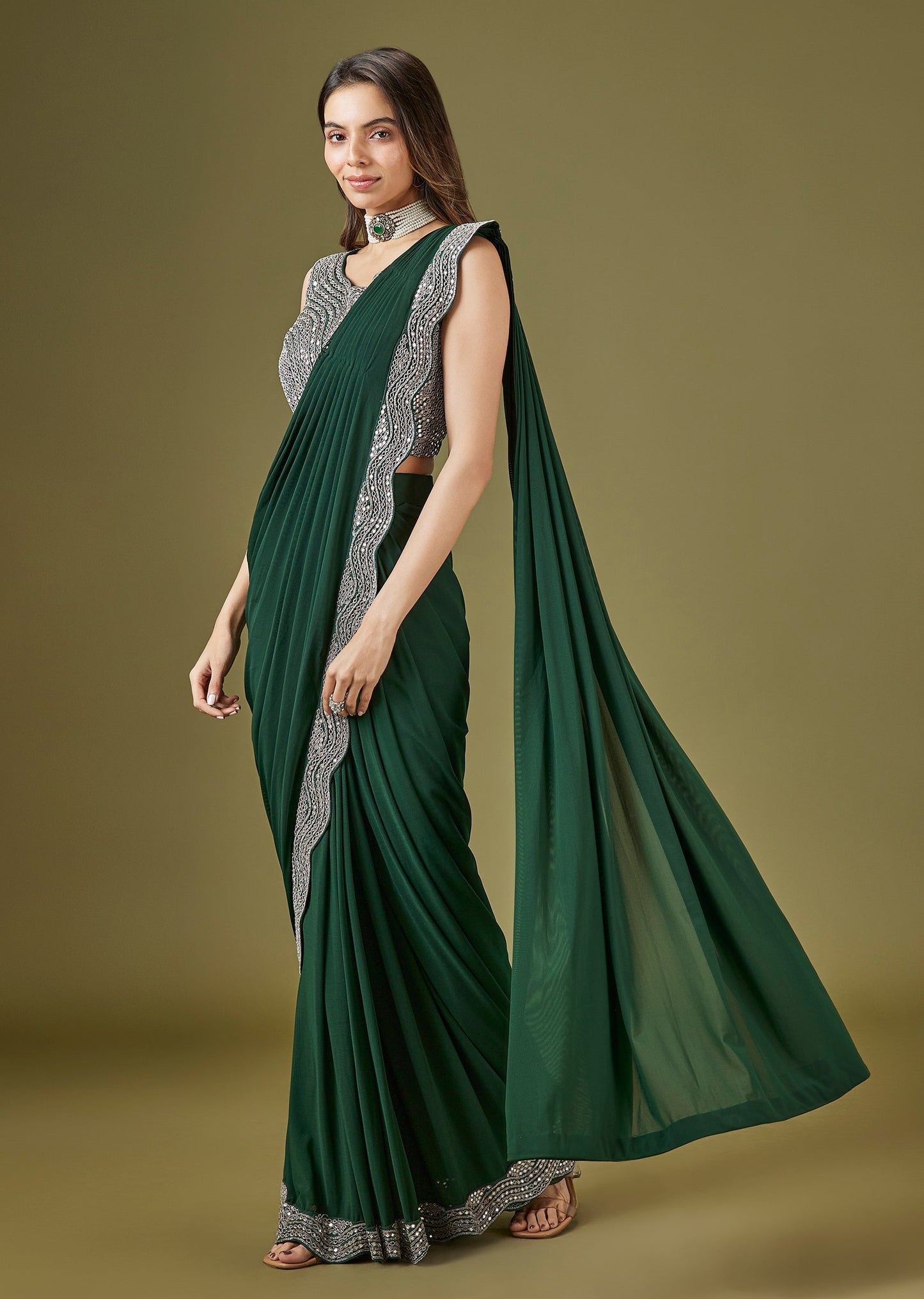 Dark Green Ready Pleated Saree With Mirror Embellished Blouse