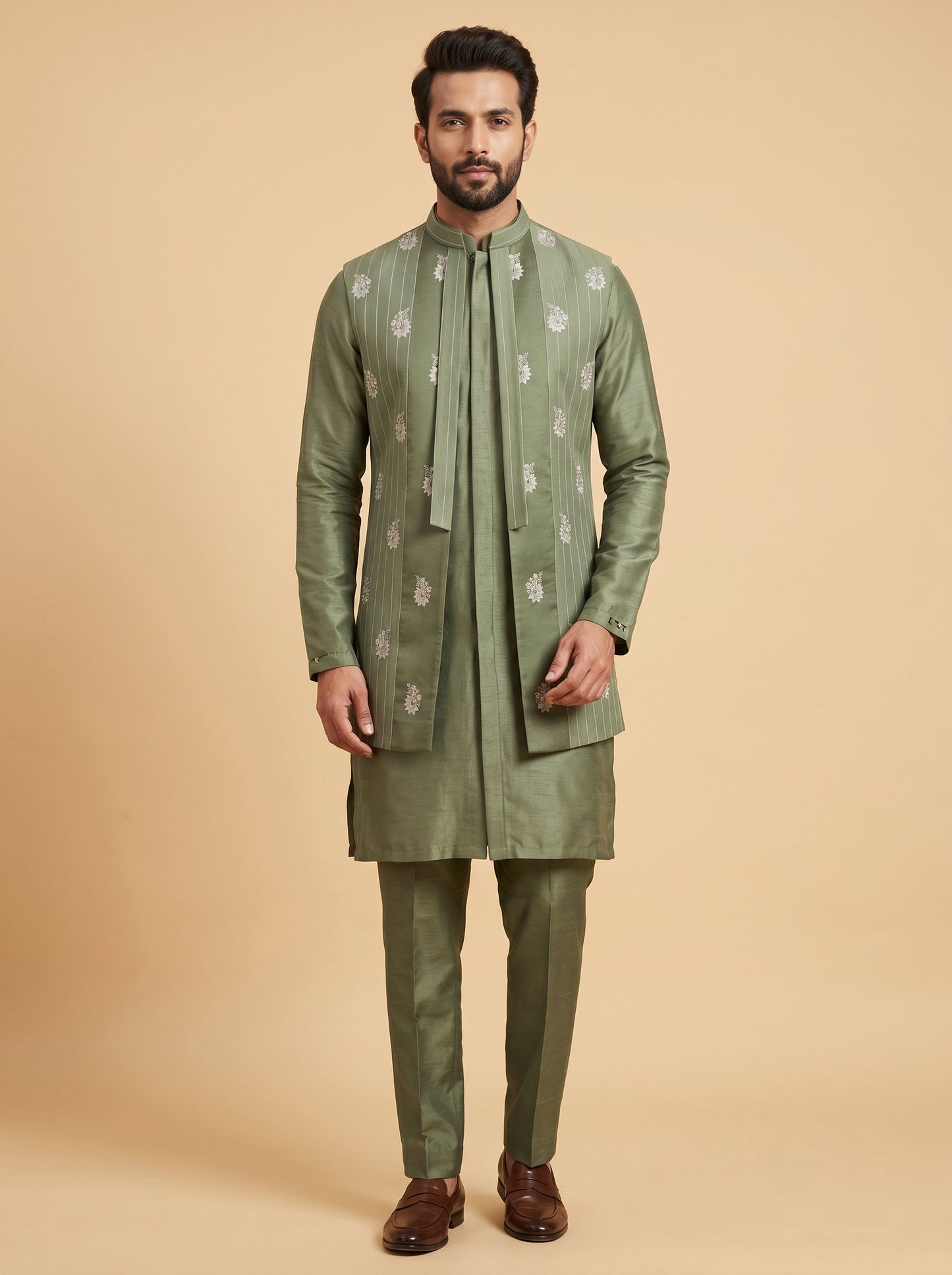 Dark Olive Jacket Kurta Set