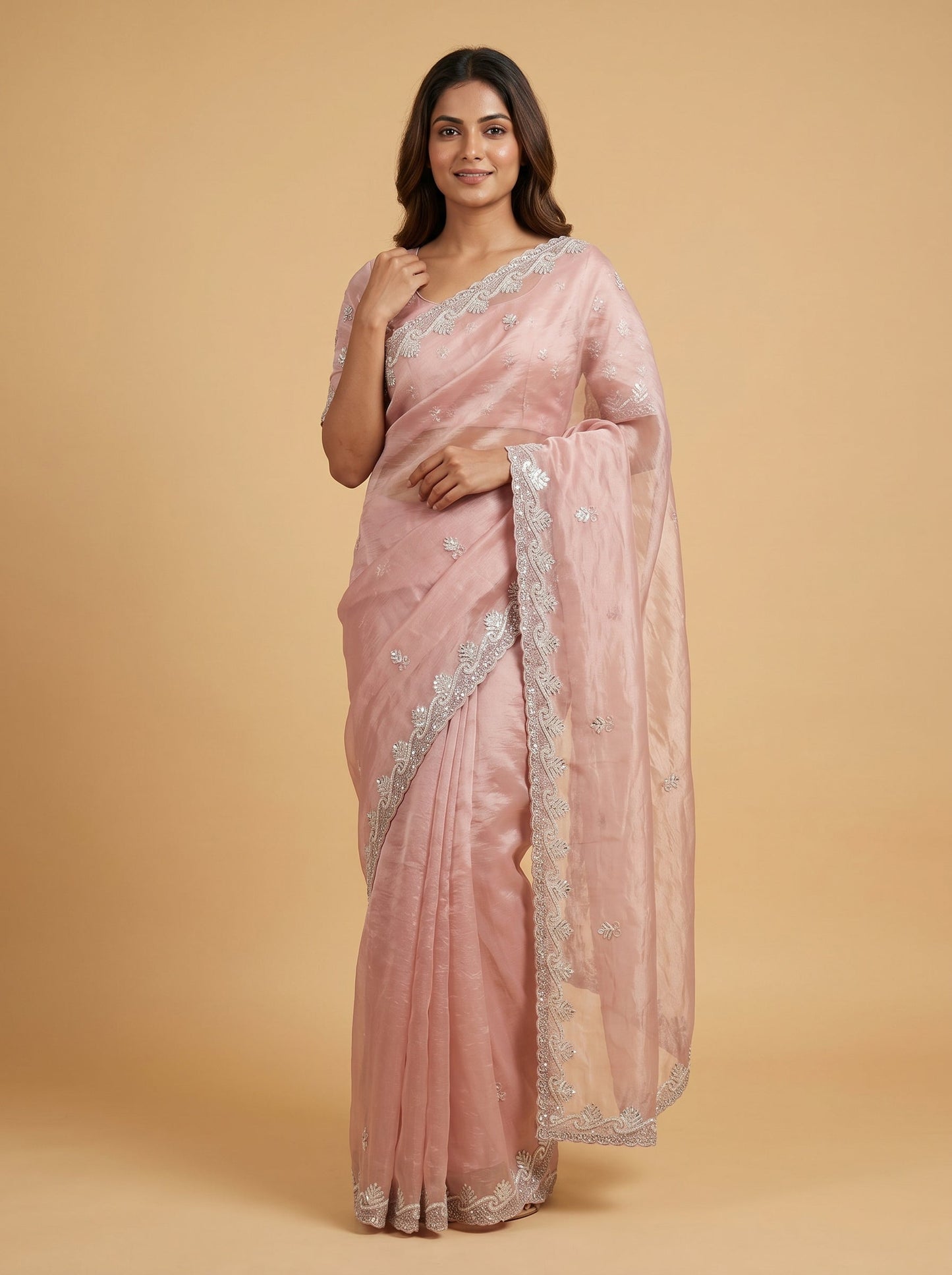 Dark Peach Refined Glow Embroidered Saree