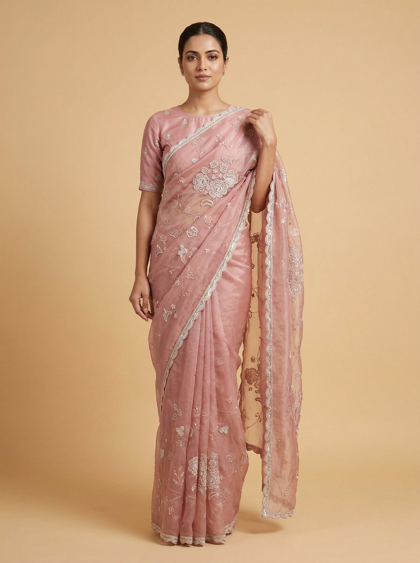 Dark Peach Noble Embroidered Saree