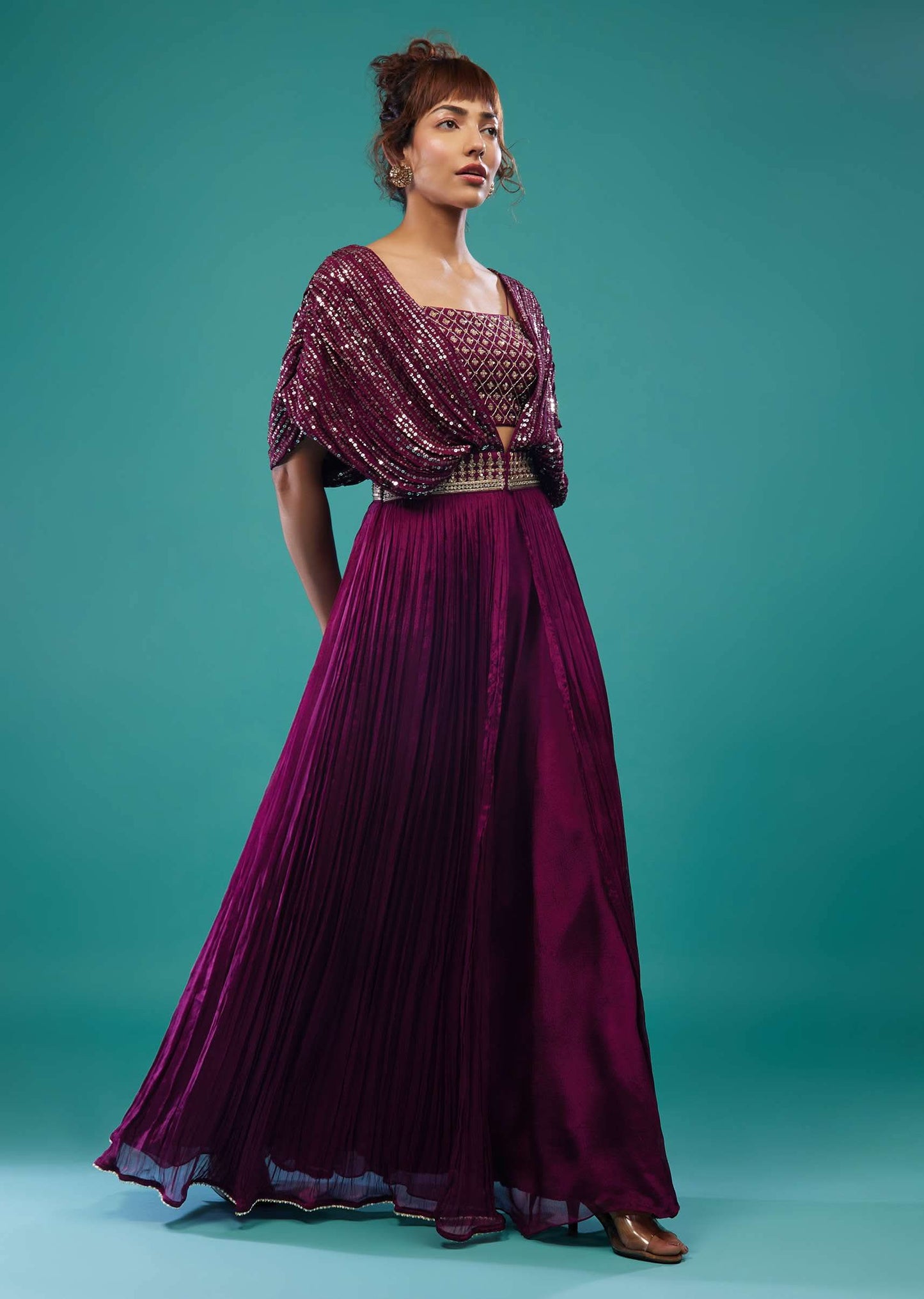 Burgundy Purple Hand-Embroidered Palazzo Crop-Top Set In Chinon