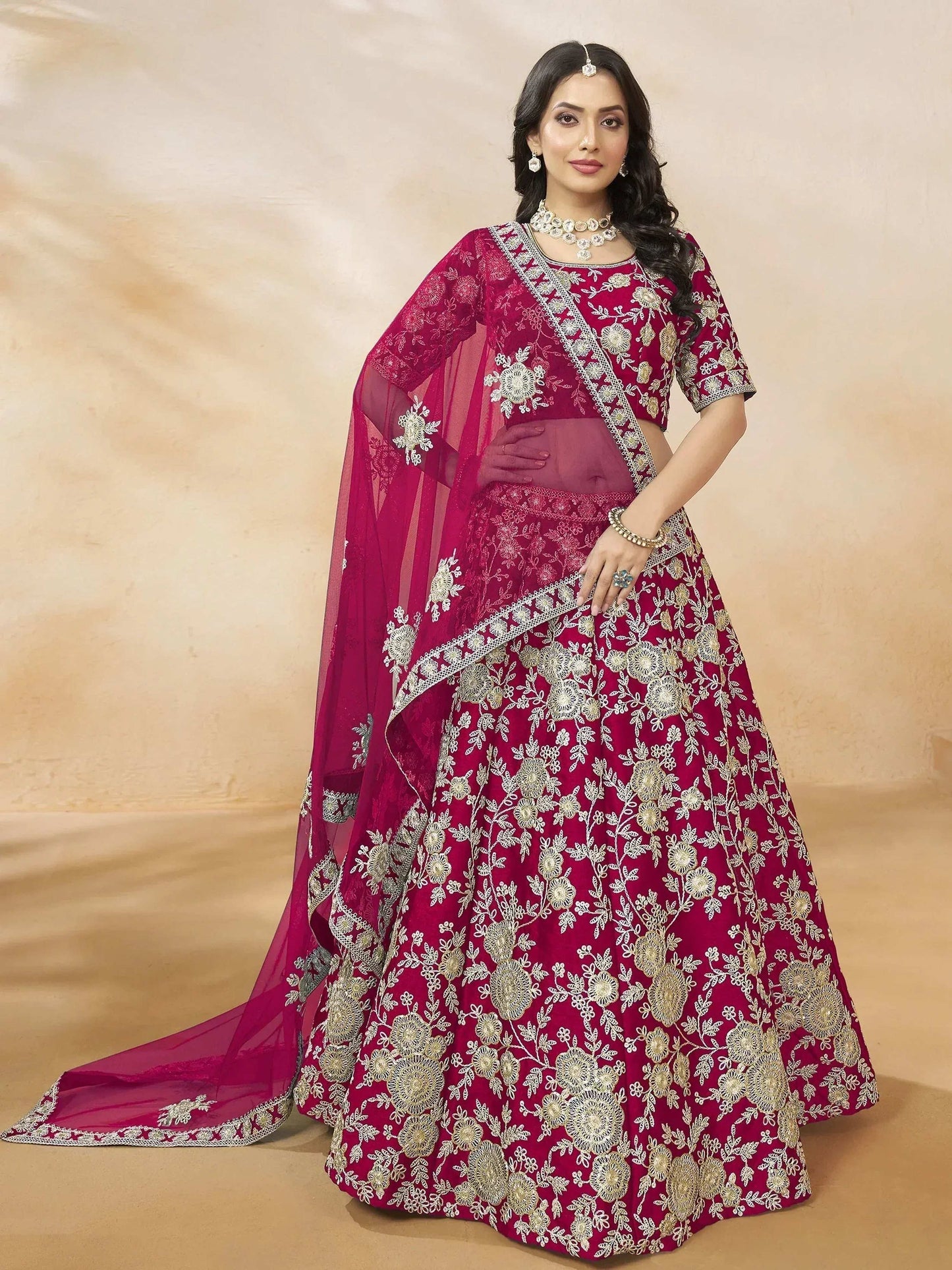 Tulsi Art Dazzling Pink Silk Thread Embroidered Lehenga Choli