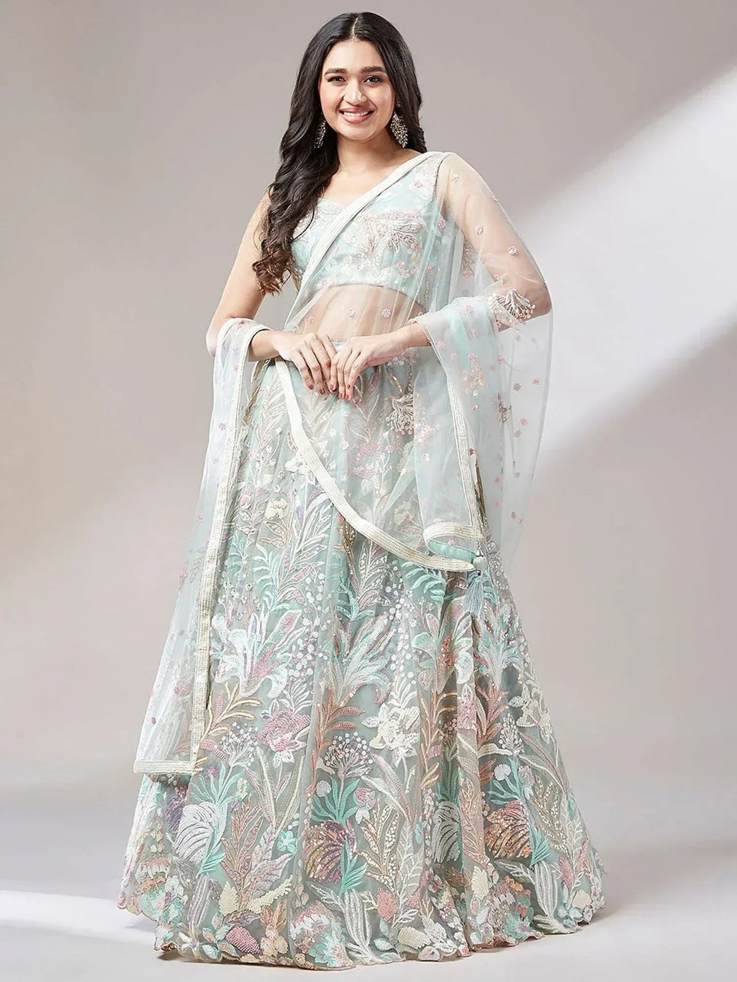Tulsi Art Dazzling Pista Green Sequins Soft Net Engagement Wear Lehenga Choli