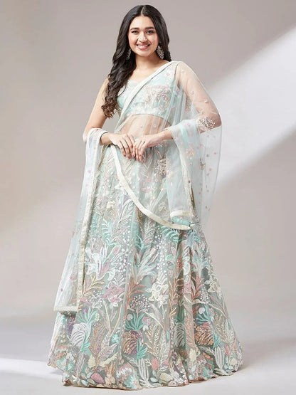Tulsi Art Dazzling Pista Green Sequins Soft Net Engagement Wear Lehenga Choli