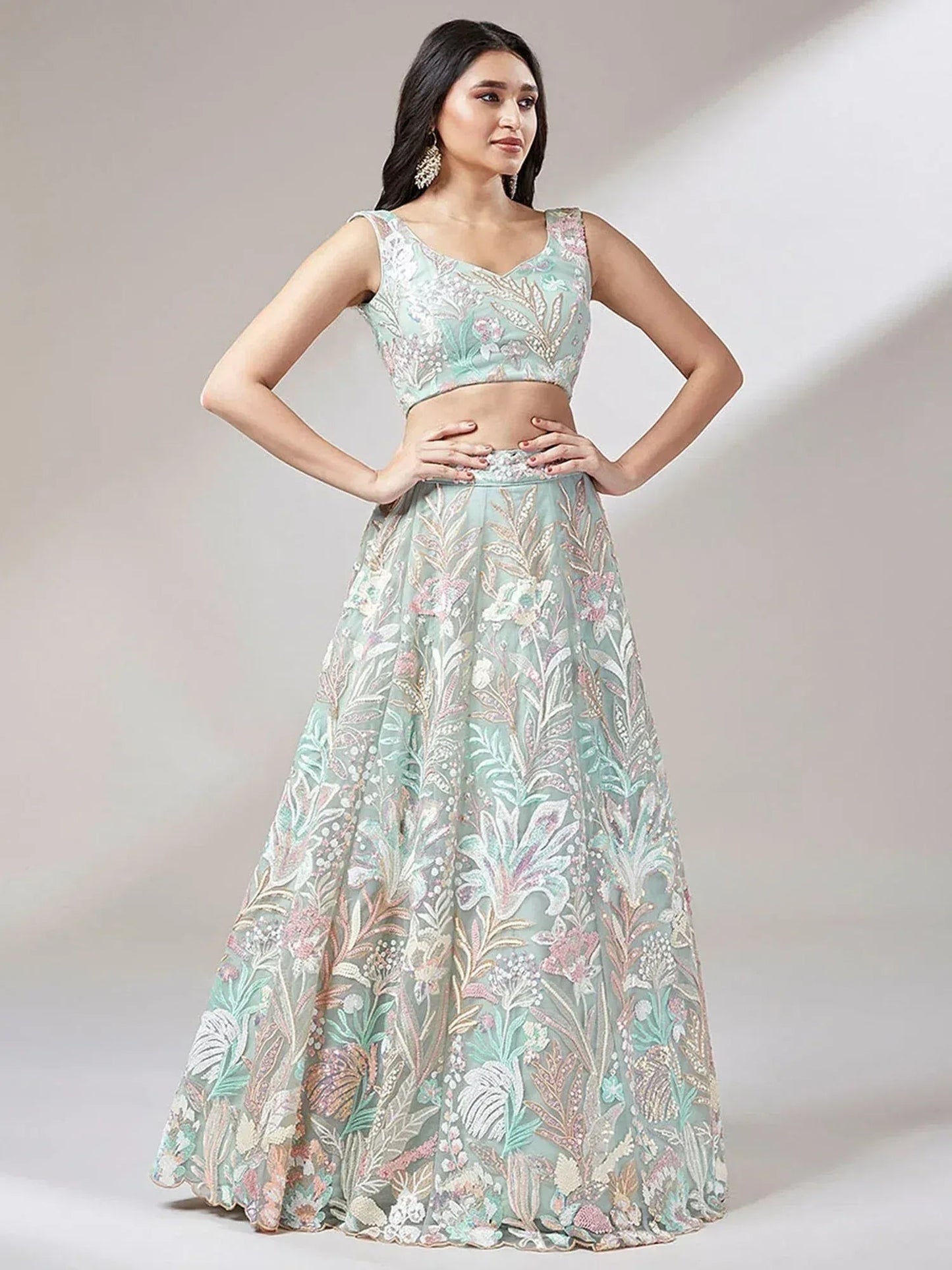 Tulsi Art Dazzling Pista Green Sequins Soft Net Engagement Wear Lehenga Choli