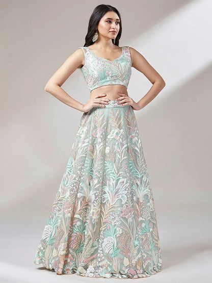 Tulsi Art Dazzling Pista Green Sequins Soft Net Engagement Wear Lehenga Choli