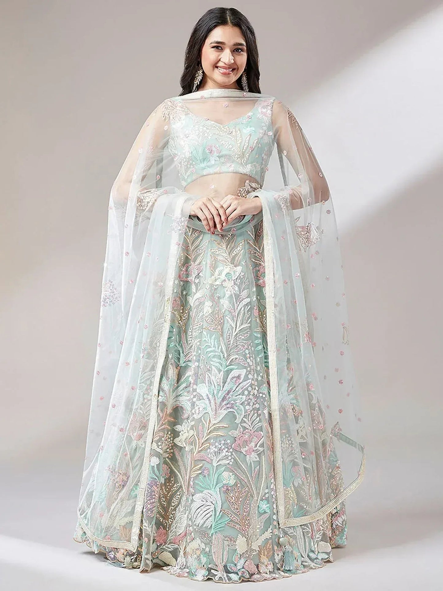 Tulsi Art Dazzling Pista Green Sequins Soft Net Engagement Wear Lehenga Choli