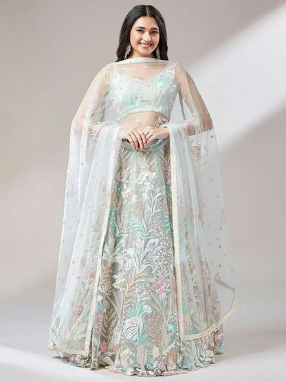 Tulsi Art Dazzling Pista Green Sequins Soft Net Engagement Wear Lehenga Choli