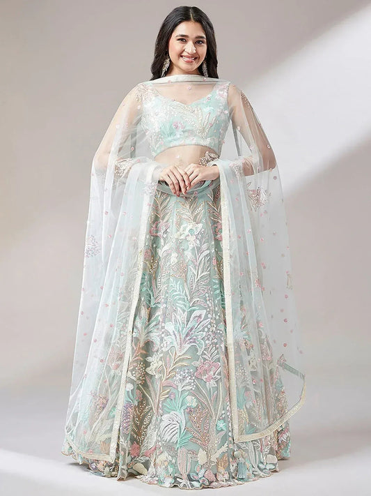 Tulsi Art Dazzling Pista Green Sequins Soft Net Engagement Wear Lehenga Choli