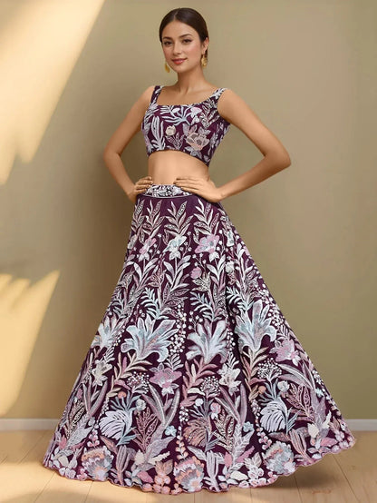 Tulsi Art Dazzling Wine Sequins Net Engagement Wear Lehenga Choli