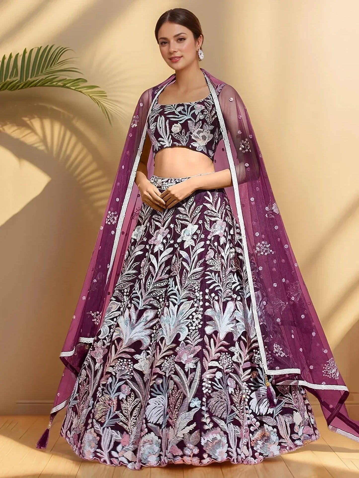 Tulsi Art Dazzling Wine Sequins Net Engagement Wear Lehenga Choli