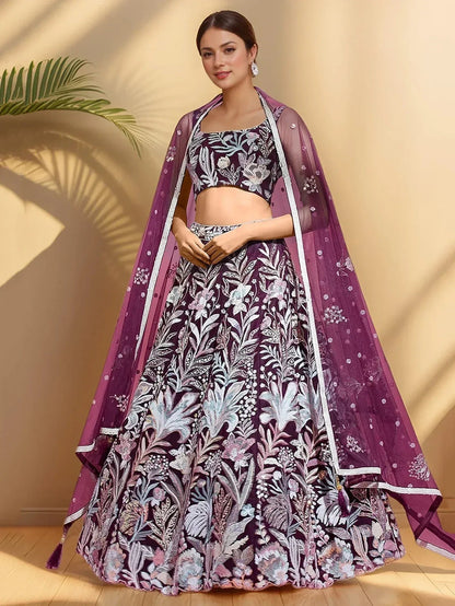 Tulsi Art Dazzling Wine Sequins Net Engagement Wear Lehenga Choli