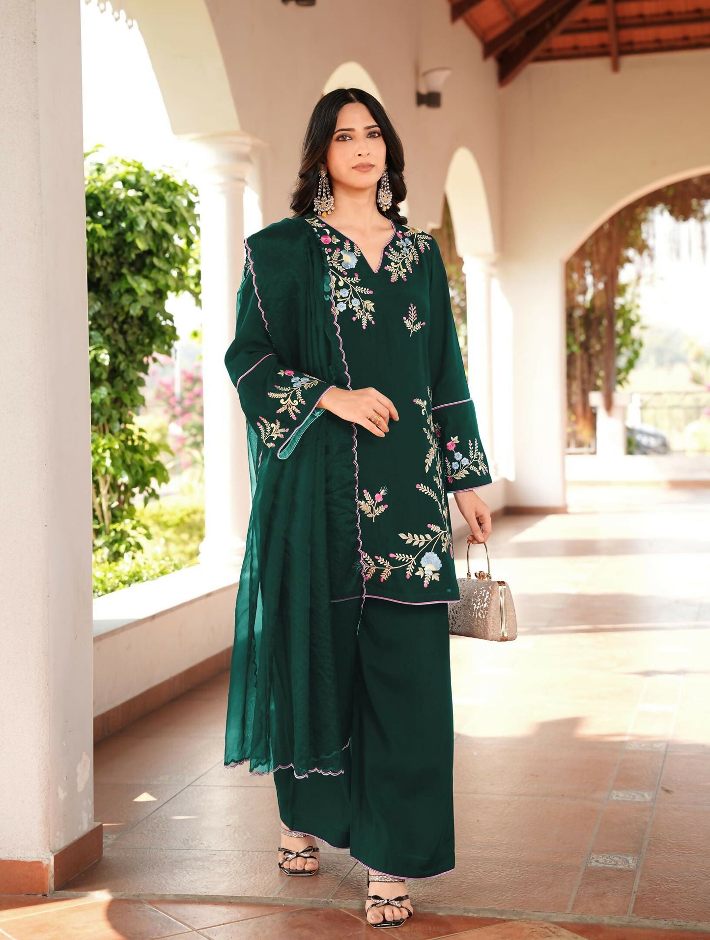 Nikhaar Dark Green Embroidered Art Silk Stitched Straight Cut Kurta Culottes Dupatta Readymade Suit