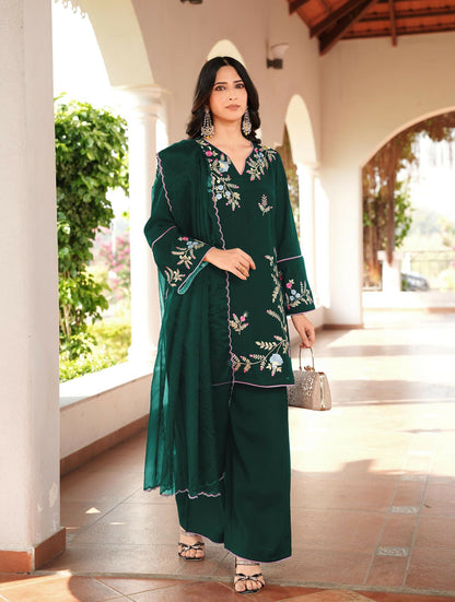 Nikhaar Dark Green Embroidered Art Silk Stitched Straight Cut Kurta Culottes Dupatta Readymade Suit
