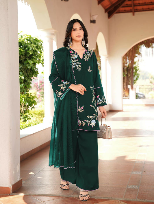 Nikhaar Dark Green Embroidered Art Silk Stitched Straight Cut Kurta Culottes Dupatta Readymade Suit