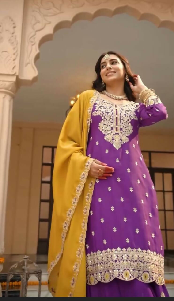Teeya Creation Womens New Wedding Wear Heavy Embroidery Thread Work Purple Kurta Set
