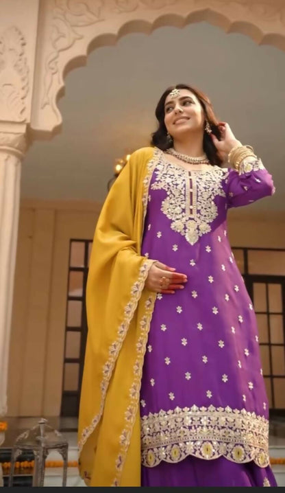 Teeya Creation Womens New Wedding Wear Heavy Embroidery Thread Work Purple Kurta Set