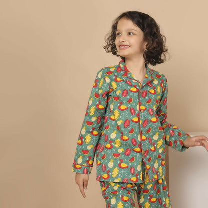 Breathables Kids Cotton Watermelon & Pineapple Print Night Suit  Green Full Sleeves Shirt & Pant Co-Ord Set | Nightwear