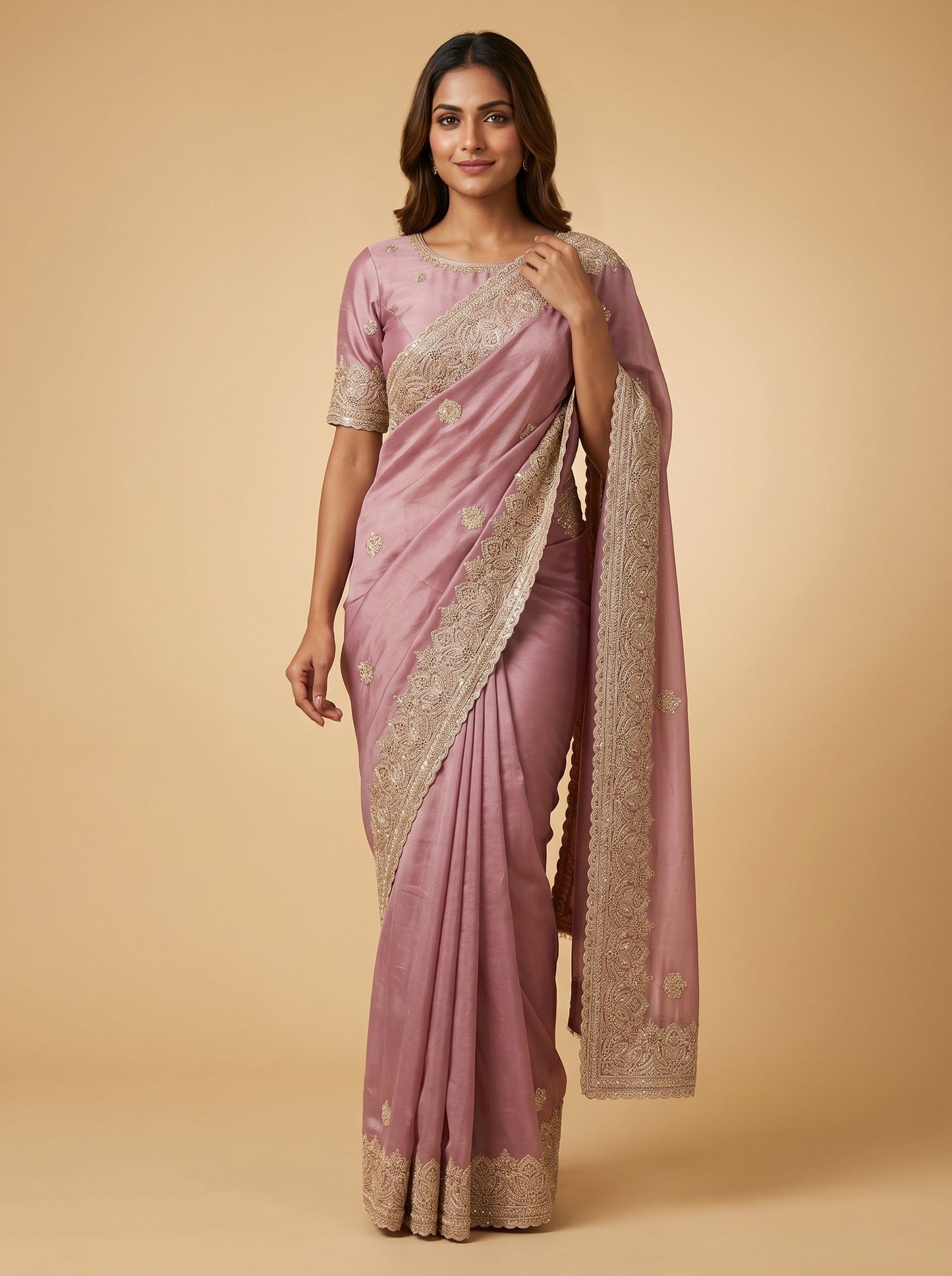 Deep Pink Rich Finish Embroidered Saree