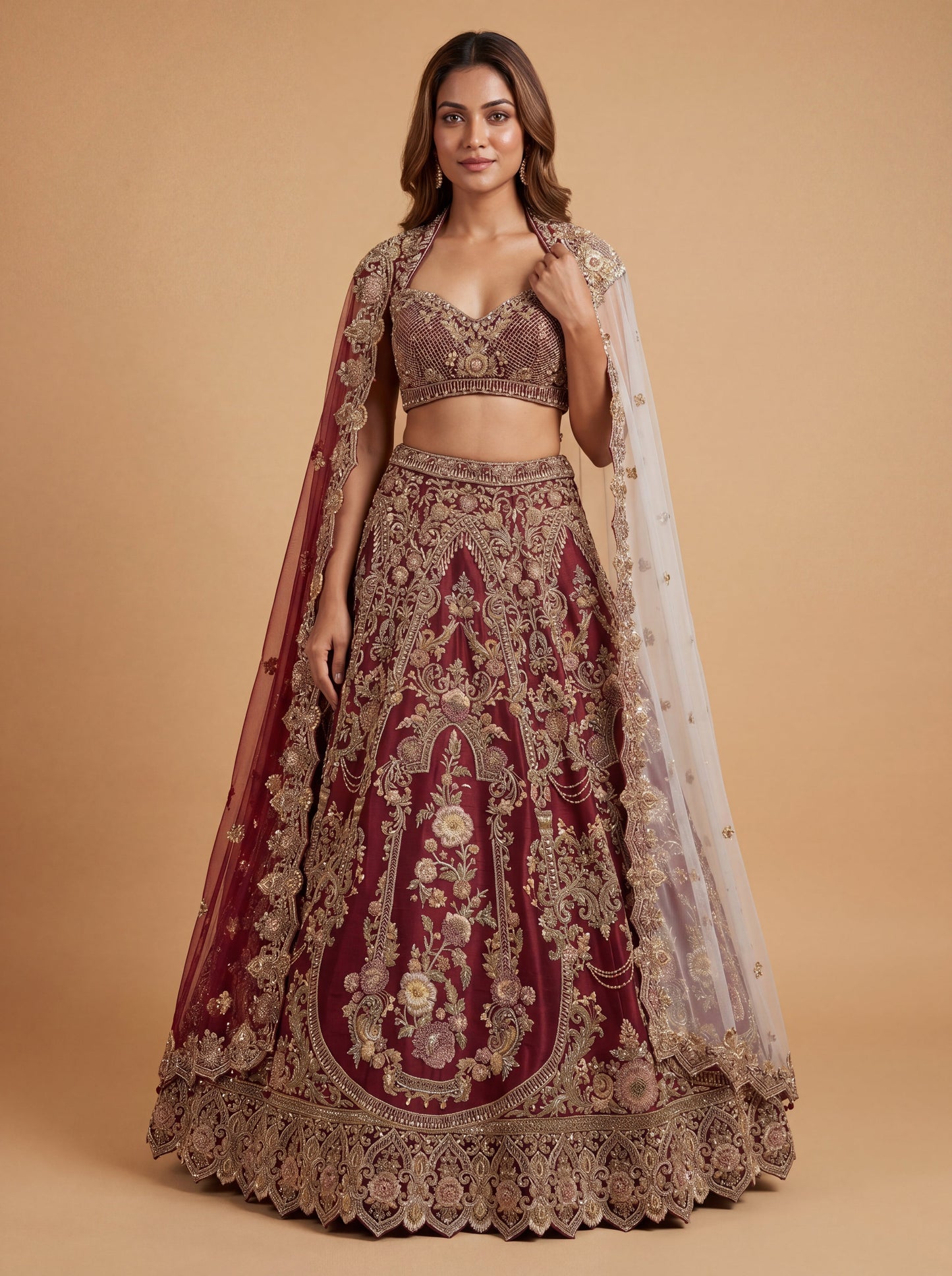 Deep Red Pheras Bridal Lehenga With Heavy Embroidery Dramatic Volume