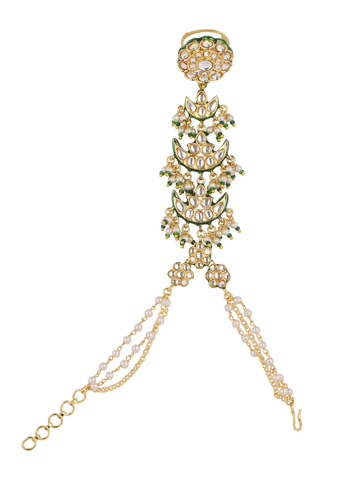 Delicate Gold Finish Green Hath Phool With Kundan Work