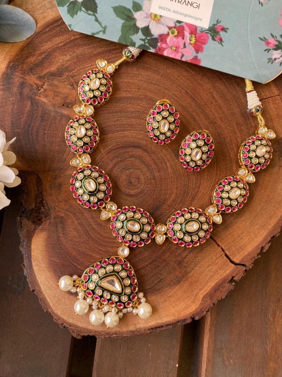 Dharni Meenakari Ruby Emerald Mid Sized Polki Set