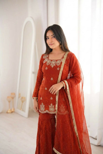 Teeya Creation Womens New Fancy Embroidery Sequence Work With Zarkan Diamond Work Orange Kurta Set