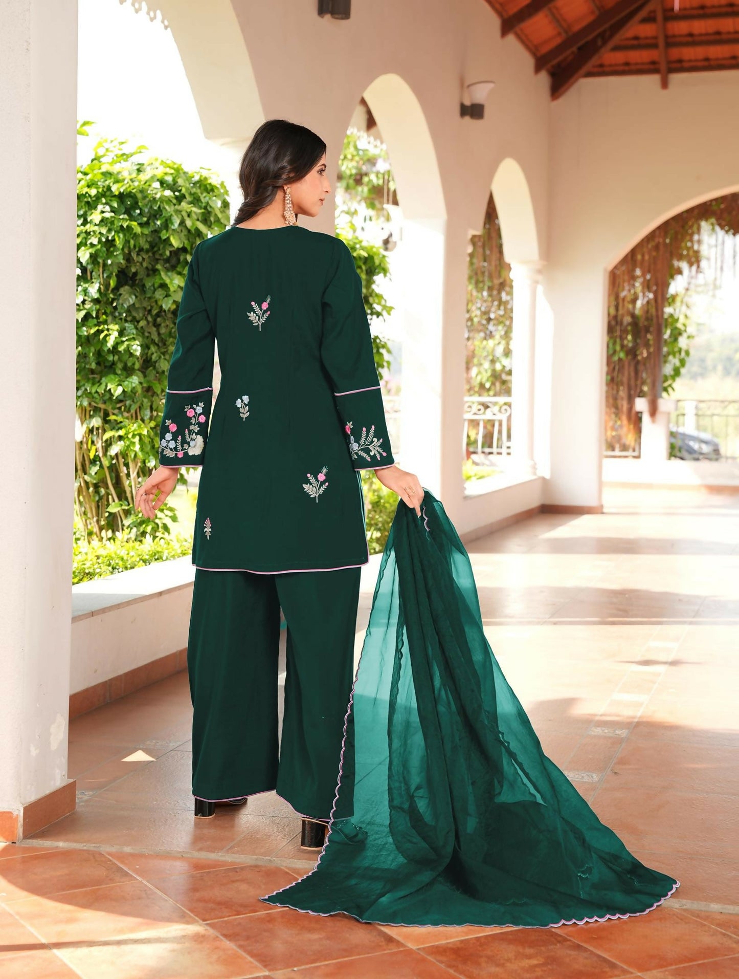 Nikhaar Dark Green Embroidered Art Silk Stitched Straight Cut Kurta Culottes Dupatta Readymade Suit