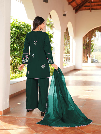 Nikhaar Dark Green Embroidered Art Silk Stitched Straight Cut Kurta Culottes Dupatta Readymade Suit