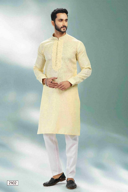 Raivat Ethnic Linen Cotton Pintux Work Kurta Pajama In Yellow Colour